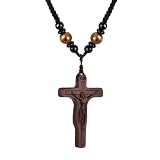 MEALGUET Natural Wooden Crucifix Cross Necklace with Jesus - Adjustable Braided Cord Cross Necklace for Men Women Religious Jewelry,Catholic Gift for Baptism Confirmation Easter,Brown
