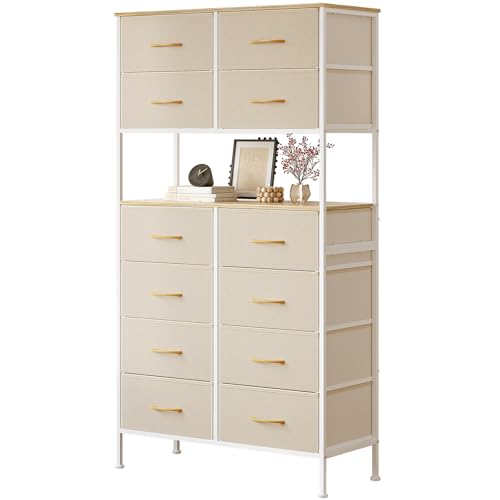 Mintnook Kommode mit 12 Schubladen aus Stoff, Aufbewahrungsschrank, Schubladenschrank, Schrank, Offenes Mittelteil, Metallgestell, Hochkommode für Wohnzimmer, Flur, Beige Mintnook Kommode mit 12 Schubladen aus Stoff, Aufbewahrungsschrank, Schubladenschrank, Schrank, Offenes Mittelteil, Metallgestell, Hochkommode für Wohnzimmer, Flur, Beige