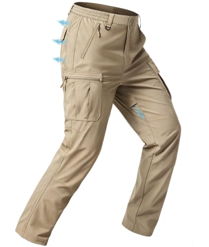Zoofly Mens Lightweight Cargo Pants Stretch Nylon Spandex Pants Zipper Pockets Elastic Waist Breathable Quick Dry Waterproof Hiking Pants Khaki 32W*32L