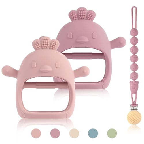 Image of 3 Packs Baby Teether Toy for 0-6 6-12 Months,Hold & Wear,BPA Free,Food Grade Silicone Teething Mitten, Anti Dropping Wrist Hand Teethers Baby Chew Toys for Sucking Needs(Pink & Dark Pink)