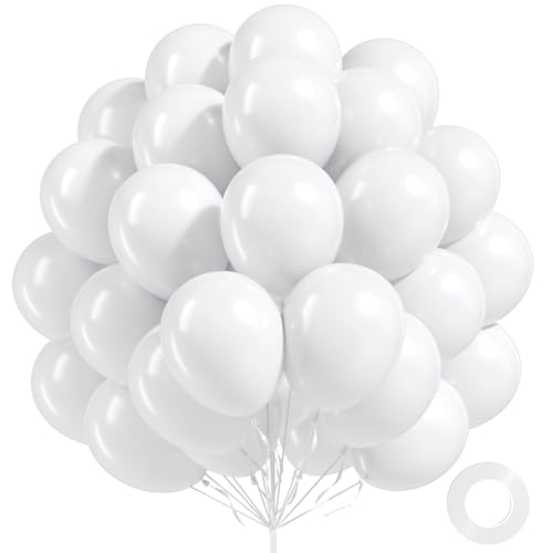 FOTIOMRG 12 inch White Balloons, 100 Pack Latex Balloons Helium Quality for Birthday, Baby Shower, Wedding Party Decorations with White Ribbon