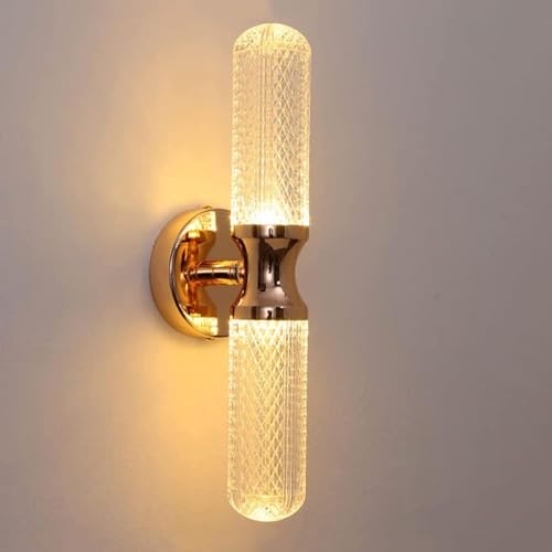 Aplique de pared dorado moderno con 2 luces de acrílico transparente para baño