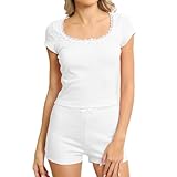 Generisch Damen Pyjama Sexy Set S Zweiteiliger Damen-Hausanzug mit Gerippter Spitze, schmaler Passform quadratischem Ausschnitt Sexy Dessous Set Mit Strapse (White, M)