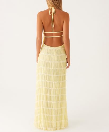 Women Halter Neck Pleated Maxi Dress Sleeveless Backless Smocked Long Dress Open Back Flowy Sundress Vacation Dresses4