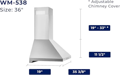 Image of Hauslane Wall Mount Range Hood 36 inch Convertible 450-860 CFM 6 Speed
