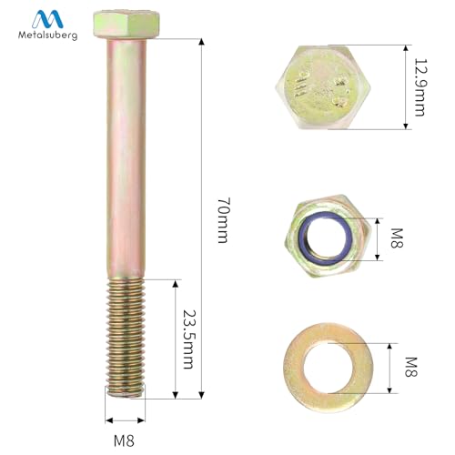 Image of M8 x 70mm Hex Head Bolt by Color Galvanization with Nylon Lock nut and Flat Washer Assortment Kit,Alloy Steel,Grade 8.8.(8pcs Pack)