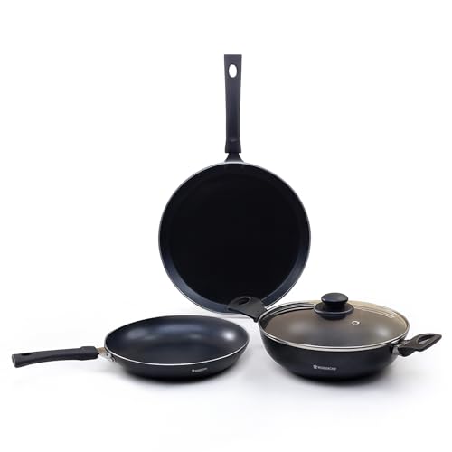 Wonderchef Valencia Non-Stick Cookware 4 Piece Set | Kadhai with Lid 24 cm, Fry Pan 24 cm, Dosa Tawa 28 cm | Pure Grade Aluminium| PFOA Free| 2 Years Warranty | Black