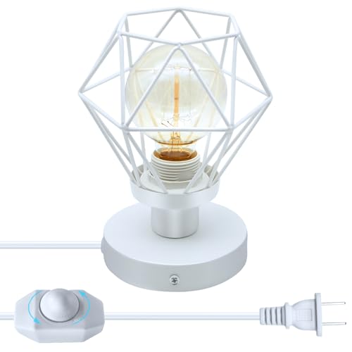White Small Table Lamp,Metal Cage Small Bedside Desk Lamp,E26 E27 Edison Screw Table Lamp Base,Modern Mini Table Lamp with 7.2FT Lamp Cord Dimmer Switch,Plug in &Hardwired Small Lamps for Wall Desk