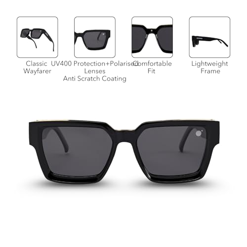 Image of MOONX The Universe Polarised Sunglasses for Men & Women | UV400 Protection | Gloss Black Wayfarer Design with Gold Detail | Travel & Outdoor Eyewear