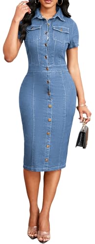Image of SeNight Women Denim Dresses Elegant Sexy Short Sleeve Jean Party Dress