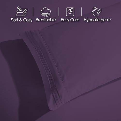 Elegant Comfort Luxurious 1500 Premium Hotel Quality Microfiber 4-Piece Sheet Set, 18-24 Inches Deep - Extra Deep Pocket Sheets - Ultra Soft 4PC Deep Pocket Sheets, Twin/Twin XL, Eggplant-Purple