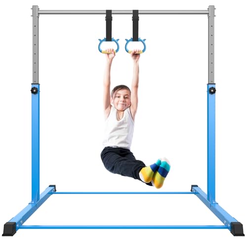 Safly Fun Gymnastics Bar for Kids Ages 3-15 for Home - Steady Steel Construction, Anti-Slip, Easy to Assemble, 3' to 5' Adjustable Height