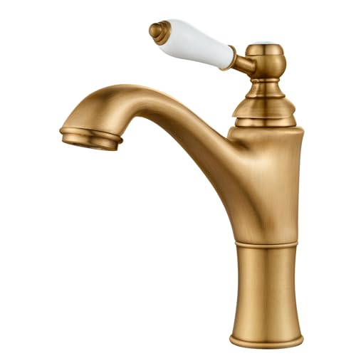 Rehomthy Robinet Salle de Bain, Mitigeur Lavabo Monocommande en Laiton, Robinet Lavabo Salle de Bain avec Poignée en Céramique, Laiton Antique, G3/8