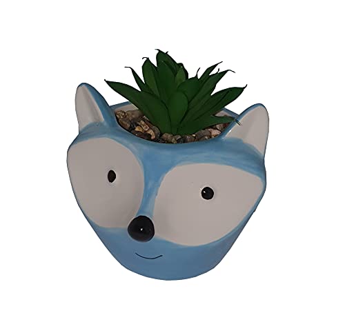 Vasinho De Cerâmica Raposa C/ Flor Suculenta Artificial 9Cm (Azul)