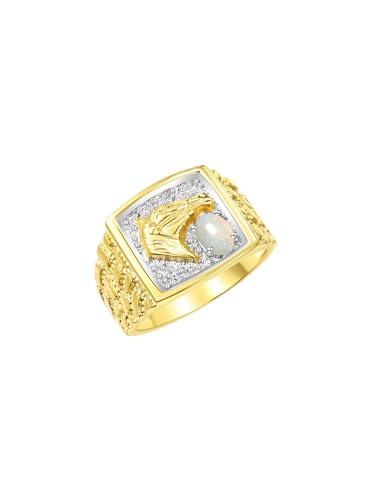 Image of Rylos Men's Yellow Gold-Plated Sterling Silver Lucky Nugget Horse Head Ring with 6X4MM Gemstone and Diamonds - Birthstone Elegance for Men, Sizes 8-13 Available