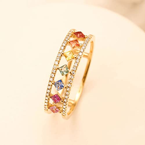 14K Gold Plated Multicolor Rainbow Colorful Chakra Square Cubic Zirconia Finger Ring for Women Girl Anniversary Birthday Jewelry Gift4
