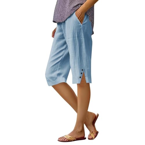 Linen Capri Pants for Women Casual Summer High Waisted Bermuda Shorts Knee Length Pedal Pushers with Pockets