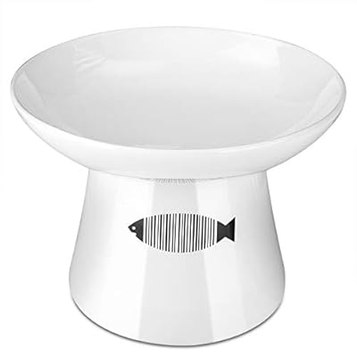 Yangbaga raised cat bowl ?4.8x6.4in Premium Ceramic Cat Food Bowl With Fish Motif?Tilt Angle Protect Cat's Spine, Stress Free, Backflow Prevention, Gift for Cat, White