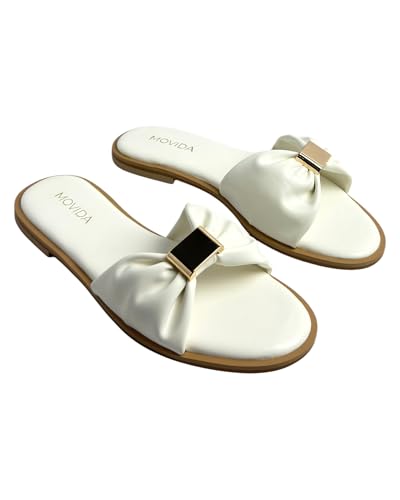 Image of MOVIDA Lumi Ruched Bow-Strap Flat Slide Sandal, White, for Casual Beach and Resort Wear, with Cushioned Footbed and Light Gold Square Buckle