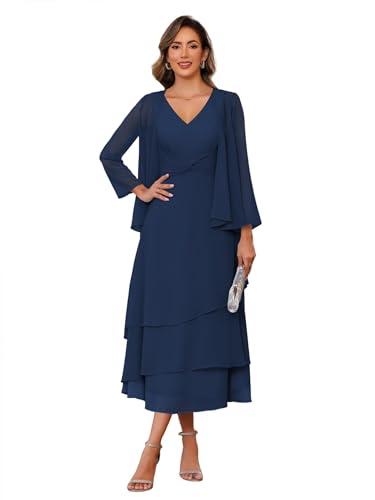 RSOETOO Women's Chiffon Mother of The Bride Dresses Long for Wedding V Neck 3/4 Sleeve Formal Evening Dress RO005