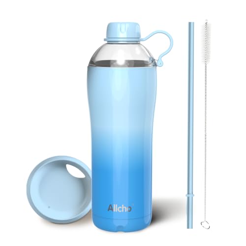 Allcho 24 Ounce Insulated Stainless Steel Water Bottle with Standard Lid and Drinking Lid with Handle Ring, Leak Proof Design, BPA Free, Double Wall Vacuum Insulated Construction for Sports Scenes
