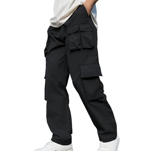 DESKABLY Mens Lightweight Cargo Pants Solid Color Casual Wide Leg Pants Fashion Elastic Waist Hiking Travel Trousers Pockets