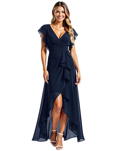 JAEDEN Chiffon Bridesmaid Dresses with High-Low - Ruffle Sleeves & V-Neck Wedding Party Dress for Women