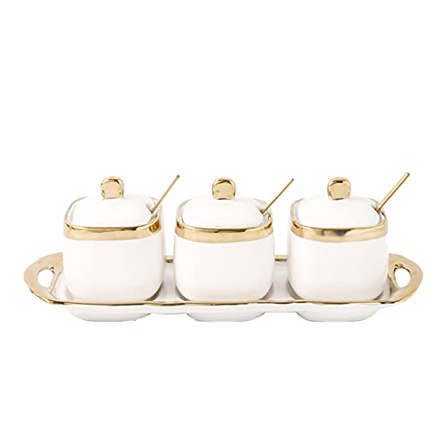 TBLOTYD Seasoning jar set with lid Ceramic Sugar Bowl Salt Cans shaker Seasoning Jar bottle Lid Spoon Four-piece Household Set Used in sugar bowl to supply tea coffee