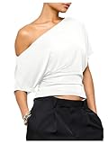 SweatyRocks Women's Off The Shoulder Crop Top Ruched Asymmetrical Dolman Short Sleeve Trendy Y2K T Shirt White Large