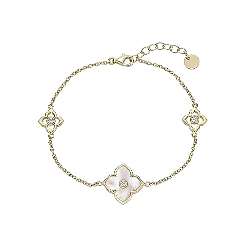 Lavari Jewelers Malachite, Black Onyx or Mother of Pearl and Cubic Zirconia Flower Bracelet for Women in 925 Sterling Silver with Gold Plating 7 to 8 Inches Adjustable Lobster Claw