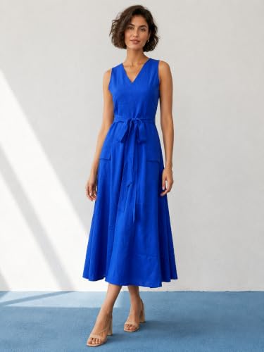 Image of PURVAJA Women's Fit & Flared Midi Length Sleeveless V-Neck Solid Dress