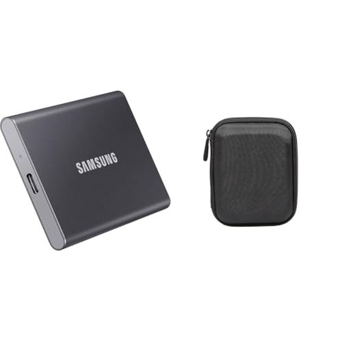Samsung T7 Portable SSD - 1 TB - USB 3.2 Gen.2 Externe SSD Titan Gray (MU-PC1T0T/WW) + Amazon Basics Festplattentasche, schwarz