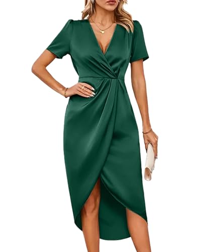 Image of Sexyshine Women's Wrap V Neck Short Sleeve Satin Midi Dress Split Hem Ruched Pleated Formal Evening Party Dresses