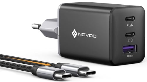 NOVOO 67W USB C Ladegerät 3-Port GaN Ⅲ USB C Netzteil Schnellladegerät mit 1 PD 100W Typ-C-Kabeln Wandladegerät für MacBook Pro 14'',Dell XPS 13,iPad Pro,iPhone 16,Galaxy S24/S23,Note20,Apple Watch
