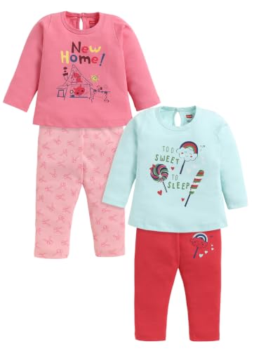Image of LuvLap Baby Girls 100% Cotton Full Sleeve Girls Top & Pyjama CoSets Pack Of 2, Salmon Rose & Light Pastel Green, XXL (18 to 24 Months)