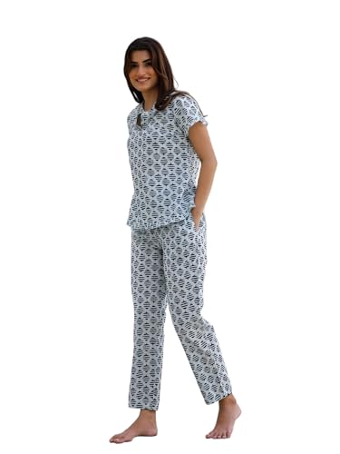 SANSKRUTIHOMES Women's 100% Pure Cotton Printed Night Suit & Pyjama Set | Premium Cotton Loungewear | Soft & Breathable Nightwear | Comfortable Everyday Sleepwear for Women Blue Deal