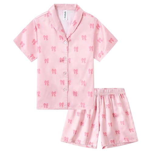 Girls Silk Satin Pyjamas Set Short Sleeve Button-Down Kids PJs Breathable Soft Nightwear Children Sleepwear Age 5-14