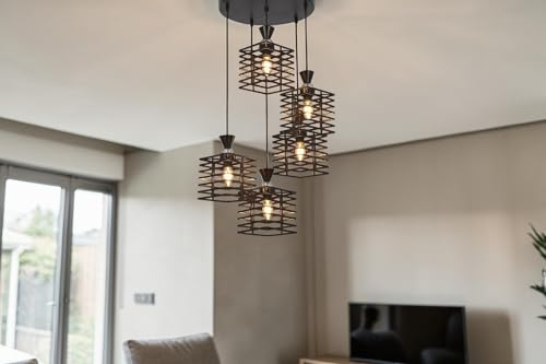 Image of Modern 5-Light Cluster Pendant Ceiling Light | Industrial Cube Metal Hanging Light | Geometric Multi-Light Chandelier for Living Room, Dining Area, Kitchen Island | E27 Holder | Black Finish