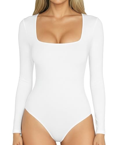 MANGOPOP Women's Square Neck Long Sleeve Bodysuit Sexy...