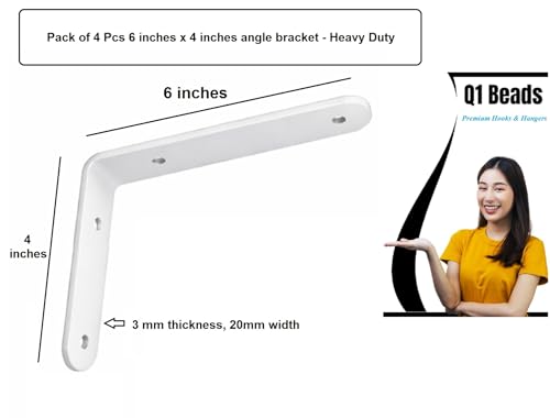 Image of Q1 Beads 4 Pack Metal 6 x 4 inches Heavy Duty 30 Kgs. Load Capacity L Clamp Angle Bracket Floating Shelf Bracket for Wall Shelf,Rack, Home,Shop, Showroom (150mm x 100mm, White Powder Coated)