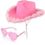 Pink Cowboy Hat with Heart Shaped Sunglasses,Pink Cowgirl Hat with Feather Boa,Cowgirl Hat for Costume Dress Up,Cowboy Themed Party,Bachelorette Party