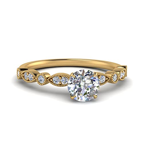 Image of Choose Your Gemstone Vintage Scalloped Diamond CZ Ring Yellow Gold Plated Round Shape Milgrain Engagement Rings Matching Jewelry Wedding Jewelry Easy to Wear Gifts US Size 4 to 12