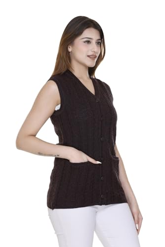 Image of aarbee Self Design Sleeveless V Neck Woollen Cardigan for Women with Front Pockets