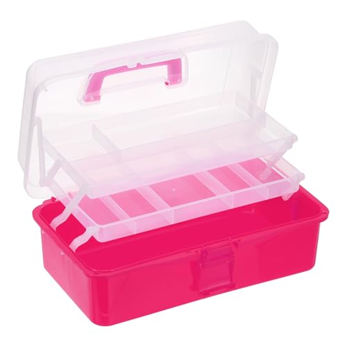 Image of YOKIVE Art Supply Storage Organizer, Art Tool Storage Box 3-Tray Craft Box Art Supplies Organizer with Handle Buckle for Brushes Paints Stamps, Trans Red
