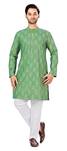 Image of Studio Shringaar Men's Cotton Blend Relaxed Fit Ikat Printed Knee Length Kurta