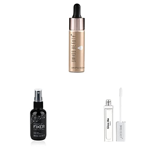 Image of SWISS BEAUTY Drop &glow Liquid Highlighter, Face MakeUp,gold, 18ml & Swiss Beauty MakeUp Fixer, White, 50 ml & SWISS BEAUTY Metallic Lipglossgloss ME, Lip MakeUp, White, 6ml
