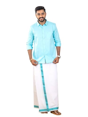 Image of RAMRAJ COTTON Men Premium Cotton Full Sleeves Shirt and Fancy Border Dhoti Set Luxe Set