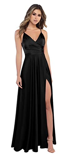 MQUPIN Damen V-Ausschnitt Spaghettiträger Satin Brautjungfernkleider mit Schlitz Lange formelle Abendkleider mit Taschen, schwarz, 44 Cover