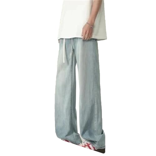 Mens Jeans Summer Thin Loose Wide Leg Drawstring Straight Vintage Wash Denim Pants Streetwear
