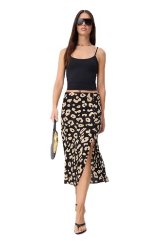 Schwarz Slit Detailliert Viscose Fabric Animal Pattern Midi Woven Skirt TWOAW22ET0447